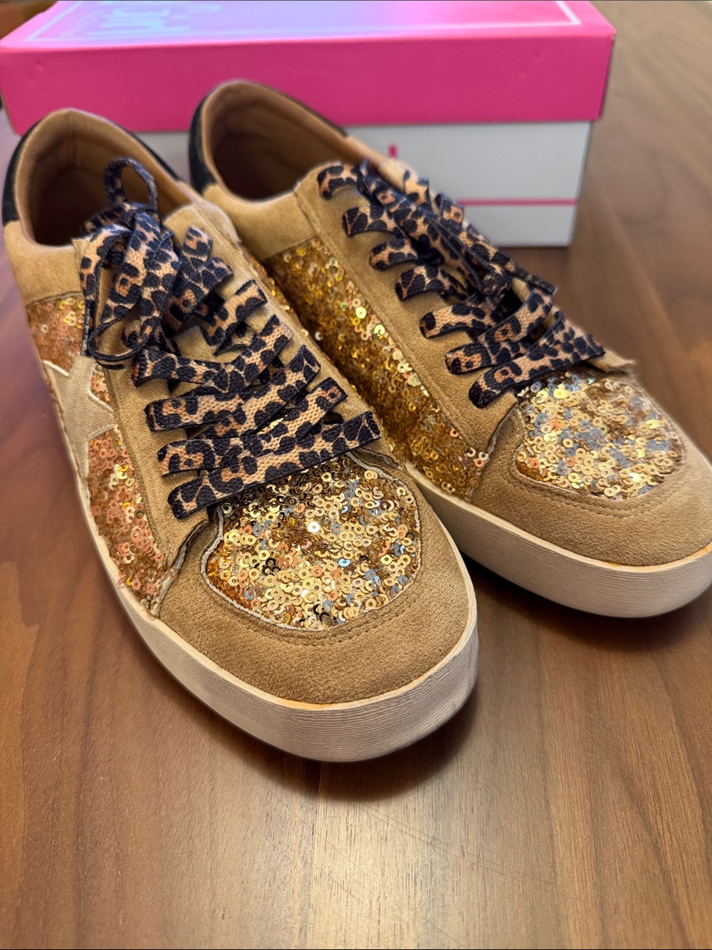 Gold Sequin Leopard Lace-Up Sneakers -
